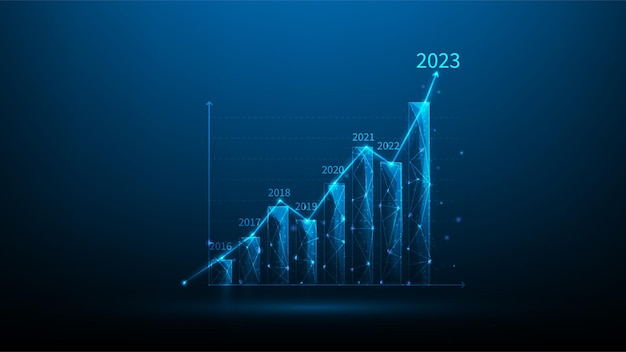 2023年の新年のビジネス金融投資グラフの成長は、青の暗い背景に株価チャートを上昇させます