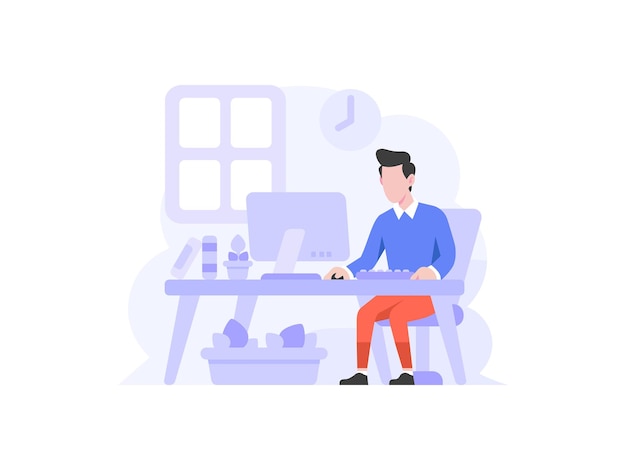 Business finance man sit and working on laptop flat design style vector illustration