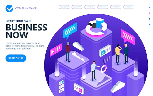 Business and finance vector isometric concept, marketing isometric people working together and developing a successful business strategy, vector illustration