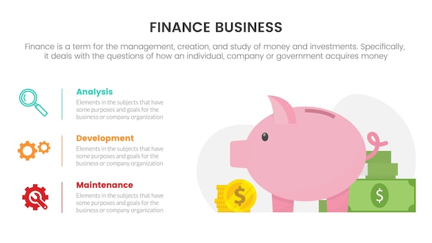 Business finance with piggy bank infographic concept for slide presentation with 3 point list and vertical orientation vector illustration