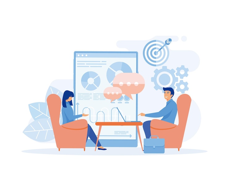 Vector business financial advisor working and business investment planning on monitor report graph