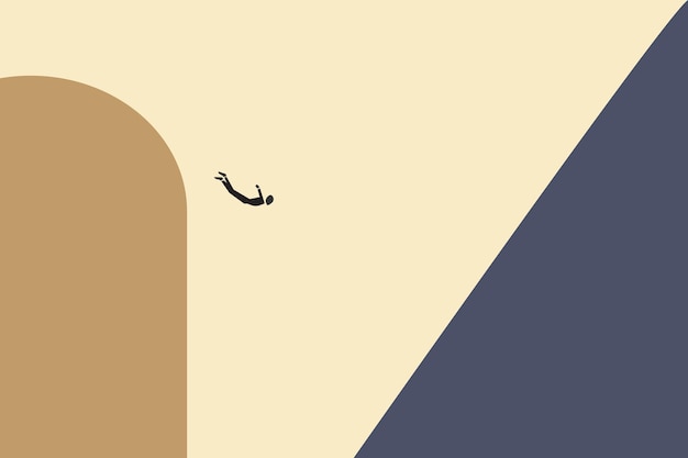 Business and financial crisis vector concept in minimalist art style Businessman jumping into hole Symbol of recession bankruptcy market crash