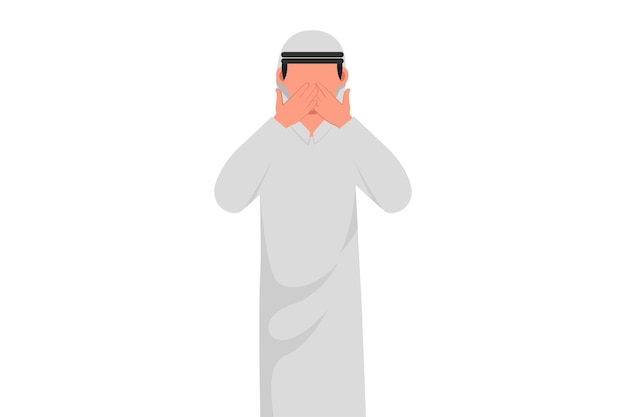 Business flat cartoon style drawing Arabian businessman covering mouth with hand Male mouth hands shocked with shame for mistake fear scared in silence secret Graphic design vector illustration