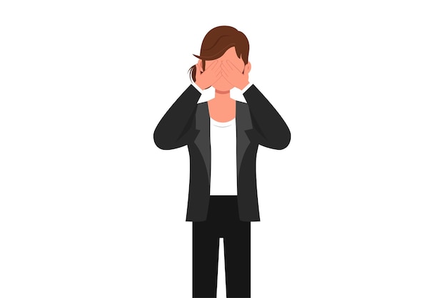 business flat cartoon style drawing of businesswoman close her eyes with her hands because of disgust and reluctance to see something fear or sadness hand gesture graphic design vector illustration
