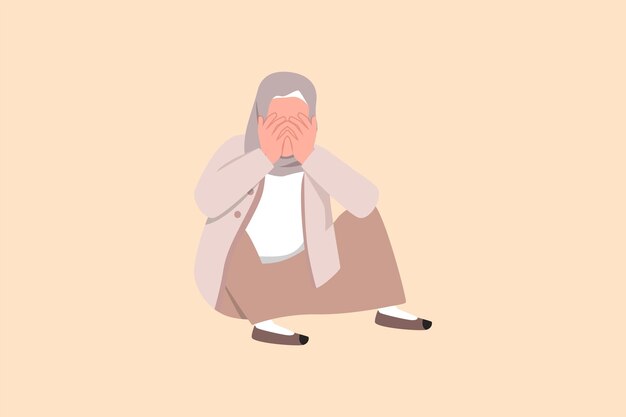 Business flat cartoon style drawing depressed Arab businesswoman cover her face by hands and sitting on the floor Depression sorrow sick disappointment symptom Graphic design vector illustration