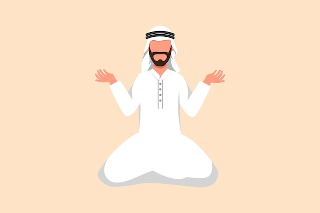 Business flat cartoon style drawing depressed Arabian businessman kneeling and pray Losing money economy crisis bankrupt sadness Manager standing on his knees Graphic design vector illustration