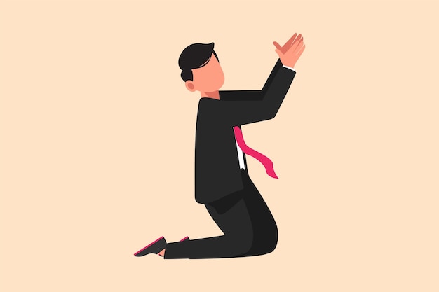 ベクトル ビジネス フラット漫画スタイル描画落ち込んでいる実業家彼の膝の上と助けを求めるビジネス スーツの男性マネージャーの祈り心理療法と治療グラフィック デザイン ベクトル図