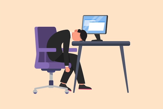 Деловой плоский мультяшный стиль рисования депрессивного бизнесмена, сидящего с головой на компьютерном столе измученный менеджер в офисе разочарованный рабочий проблемы с психическим здоровьем графический дизайн векторная иллюстрация