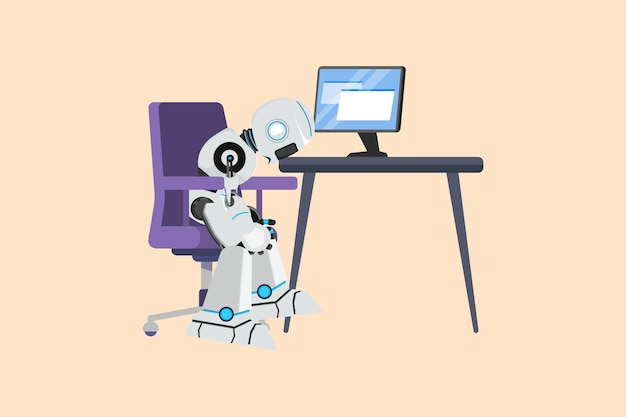 Business flat cartoon style drawing depressed robot sitting with head on computer desk Exhausted cyborg Robotic artificial intelligence Electronic technology Graphic design vector illustration