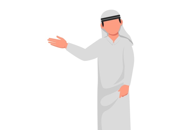 Business flat cartoon style drawing handsome Arabian businessman in traditional clothes presenting something Male manager showing something or presenting project Graphic design vector illustration