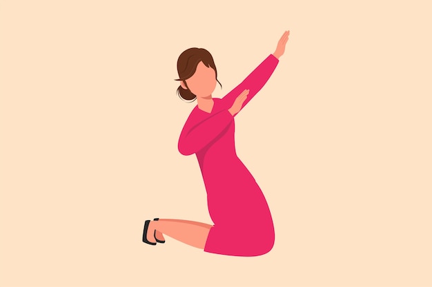 Vector business flat cartoon style drawing happy businesswoman kneeling with goal pose manager celebrate success of increasing company product sales business achievement graphic design vector illustration