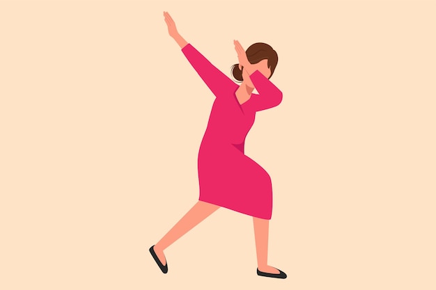 Vector business flat cartoon style drawing happy businesswoman standing with crossing arms and look down successful office worker celebrates salary increase from company graphic design vector illustration