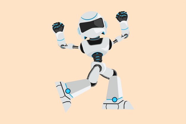 Vector business flat cartoon style drawing happy robot standing with raised his clenched fist hands modern robotic artificial intelligence electronic technology industry graphic design vector illustration