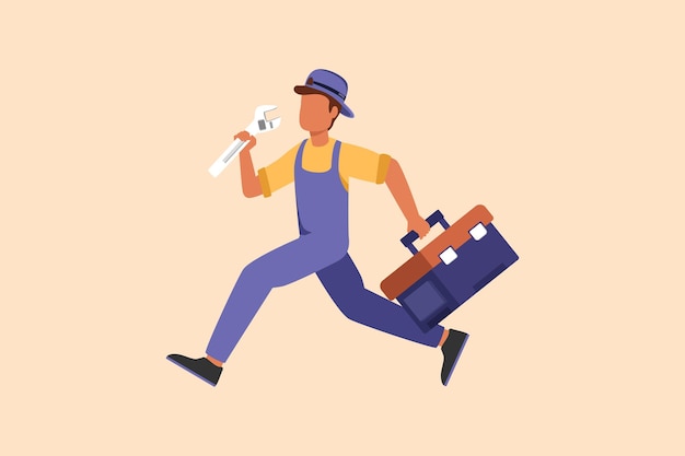 Business flat cartoon style drawing mechanic repairman worker with tools is running Technical service Plumber with monkey wrench and toolbox run forward Handyman Graphic design vector illustration