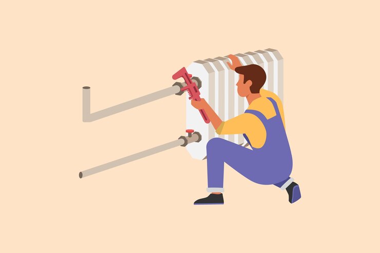Vector business flat cartoon style drawing plumber repair or installation of batteries repairman fixing pipes in heater battery radiator maintenance professional service graphic design vector illustration