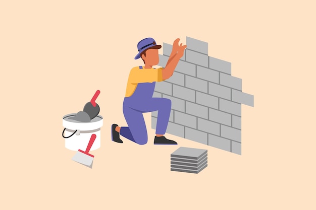 Vector business flat cartoon style drawing repair worker laying ceramic wall tile professional tiler in uniform working repairman in overalls tiling at home decoration graphic design vector illustration