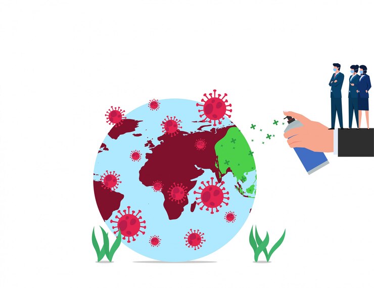 Vector business flat   concept big hand disinfect world from corona virus.