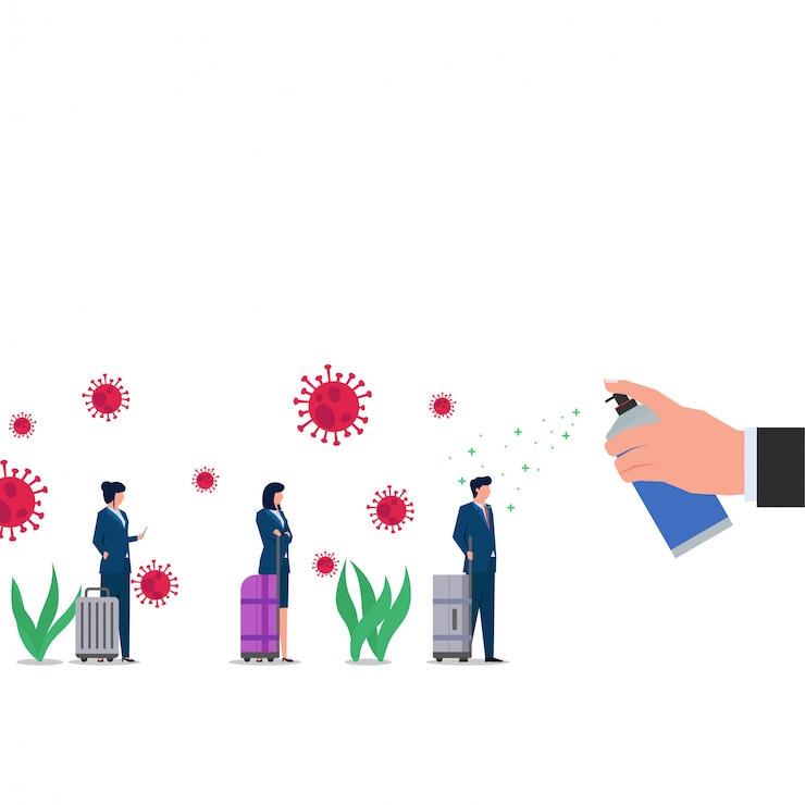 Vector business flat concept hand spray disinfectant for virus to people with suitcase metaphor of clean the corona virus.