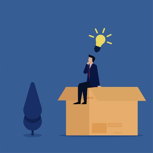 Vector business flat concept man sit on box and think metaphor of think out of the box.