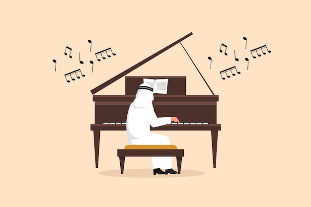 비즈니스 평면 그림 아라비아 남자 피아노 연주 남성 연주자는 악기에 앉아 재즈 또는 블루스를 연주합니다. 전문 음악가 사람이 무대에서 수행합니다. 만화 디자인 벡터 일러스트 레이 션