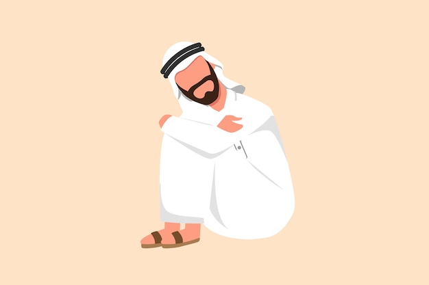 ビジネス フラット図面落ち込んで床に絶望に座っているアラブのビジネスマンは、オフィス ワーカー悲しいジェスチャー式漫画デザイン ベクトル図で感情悲しみ憂鬱なストレスに苦しむ