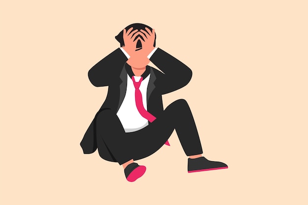 Business flat drawing depressed businessman feeling sad with holding head and sitting on the floor Frustrated worker with mental health problem Depression concept Cartoon design vector illustration