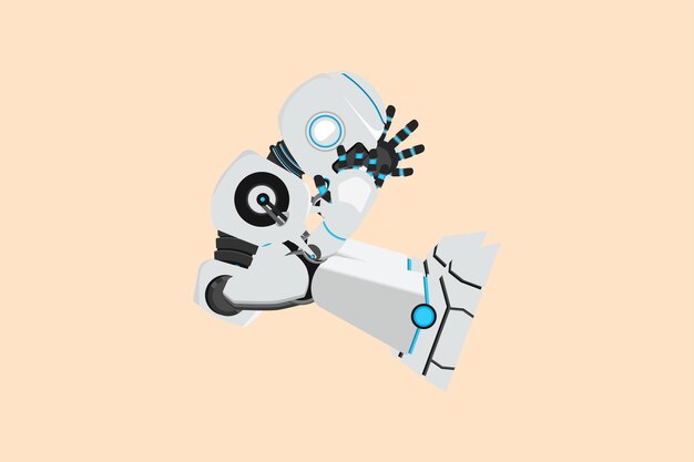 Robot depresso di disegno piatto di affari che si sente triste seduto sul pavimento cyborg stressato che perde il lavoro robot umanoide organismo cibernetico sviluppo robotico futuro illustrazione vettoriale di disegno del fumetto