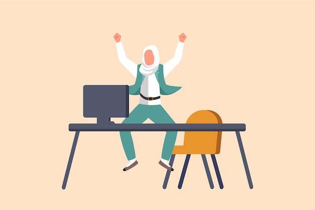 Vector business flat drawing happy arab businesswoman jumping with raised hands near desk workplace cute manager celebrating success of increasing company product sales cartoon design vector illustration