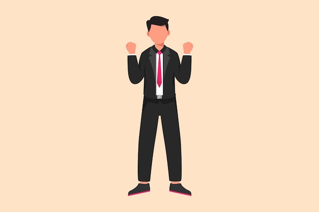 Business flat drawing happy businessman standing with both hands and yes gesture Cheerful office worker celebrate success achievement of company business project Cartoon design vector illustration