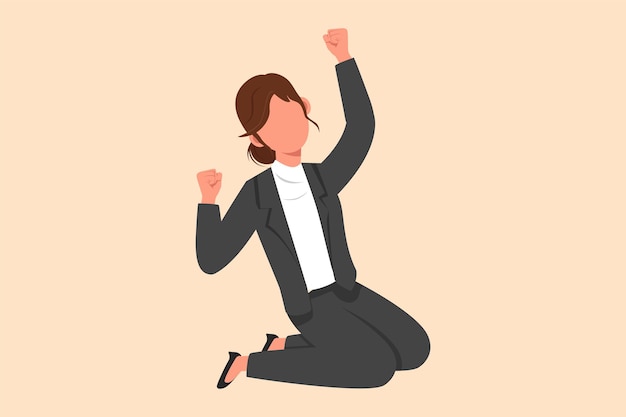 Business flat drawing happy businesswoman kneeling with raised one hand high and raised other Female manager celebrating success business project or achievement Cartoon design vector illustration