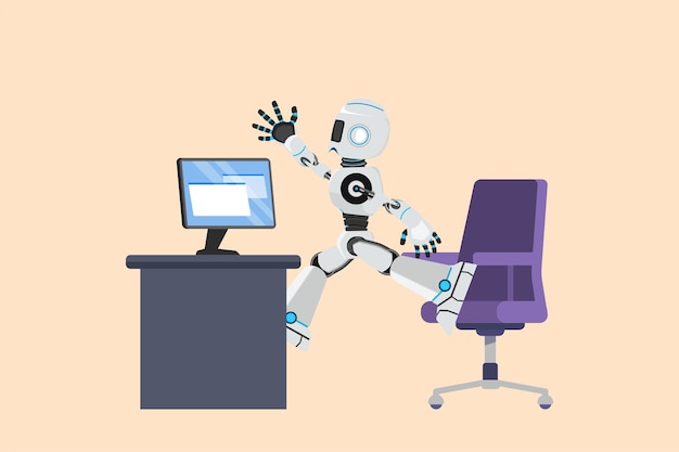 Вектор Деловой плоский рисунок счастливый робот прыгает и танцует на своем рабочем столе компьютерного стола празднование успеха человекоподобный робот кибернетический организм роботизированное развитие мультфильм дизайн векторной иллюстрации