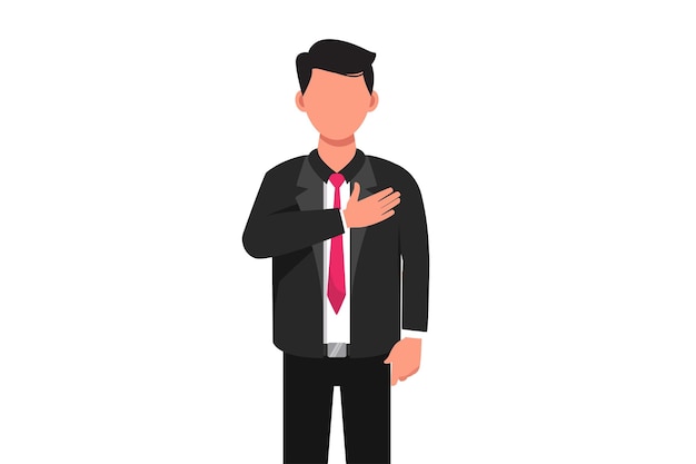 Business flat drawing of pleasant looking kind businessman keep hand on chest expresses gratitude being thankful for help support showing heart filled with love Cartoon design vector illustration