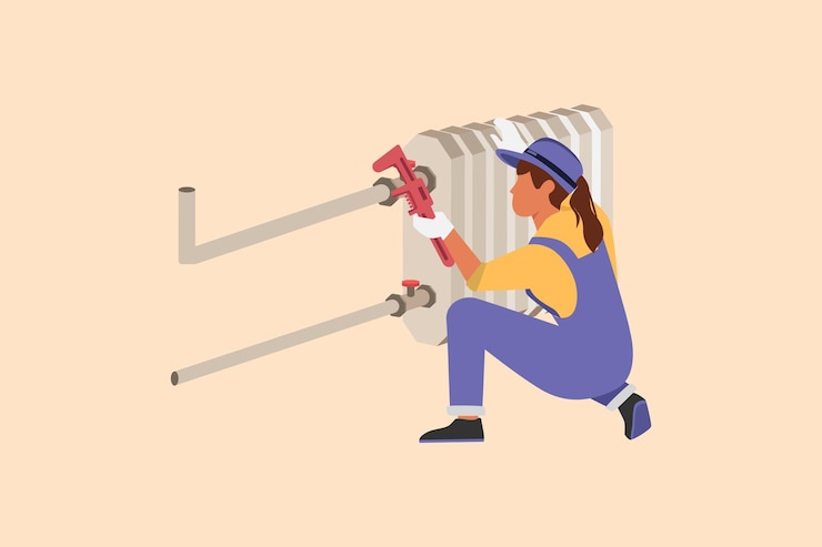 Vector business flat drawing plumber repair or installation of batteries beauty repairwoman fixing pipe in water heater battery radiator maintenance professional service cartoon design vector illustration
