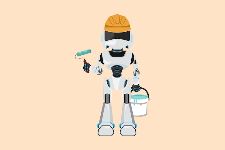 Vector business flat drawing robot repairman standing and holding roller and bucket of paint home repairs painting walls in house humanoid robot cybernetic organism cartoon design vector illustration