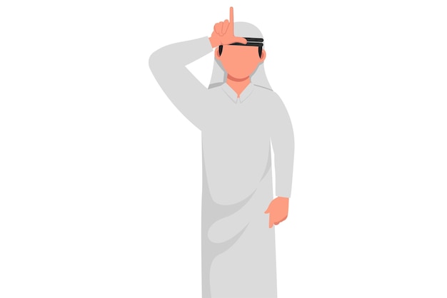 Business flat drawing unhappy Arab businessman showing loser sign on forehead with fingers Stressed trendy person gesturing hand over head Male making 39L39 symbol Cartoon design vector illustration