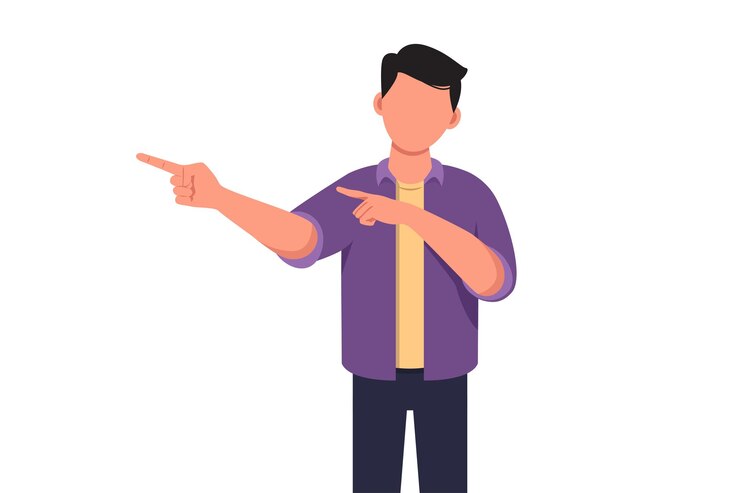 Vector business flat drawing of young businessman pointing away hands together showing or presenting something while standing and smiling emotion and body language cartoon style design vector illustration