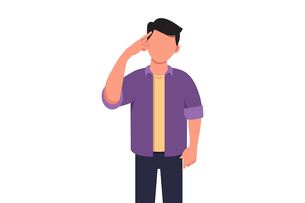 Business flat drawing of young businessman touch his temples and remembering something Male holding finger on head and feeling tired exhausted chronic work stress Cartoon draw vector illustration