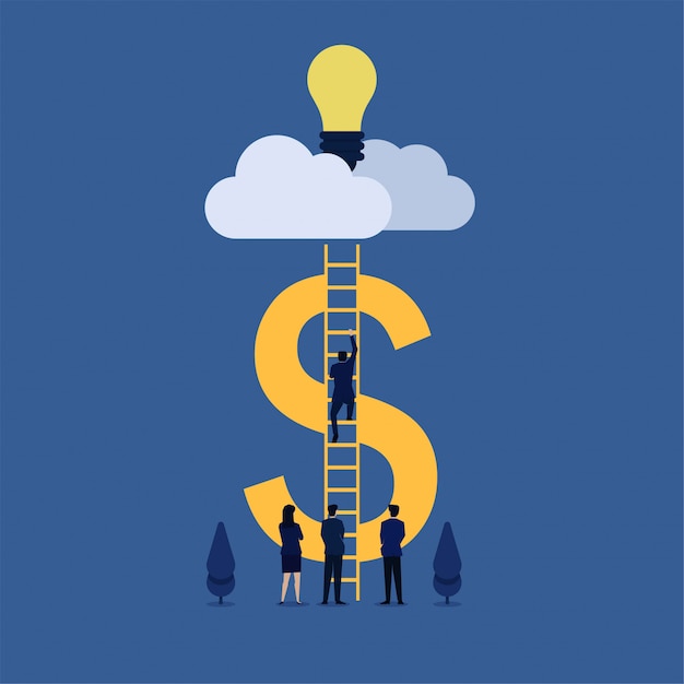 ビジネスフラット図概念男はオンラインのアイデアのアイデアの隠phorを取るために雲に梯子を登る。