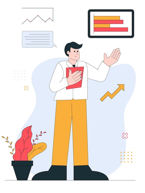 Business flat illustration is presenting a marketing plan with red yellow and blue color