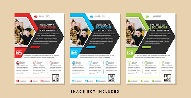 business flyer design template use half hexagon for space for photo collage abstract geometric style with arrow element