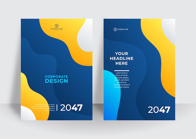 Business flyer layout template in A4 size. Modern brochure template cover design, annual report with blue geometric and wavy lines for business promotion on white background, vector illustration