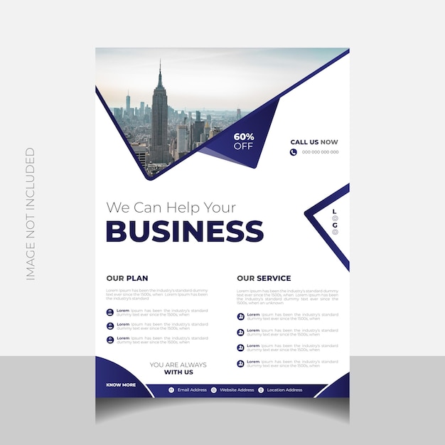 a business flyer with a city in the background