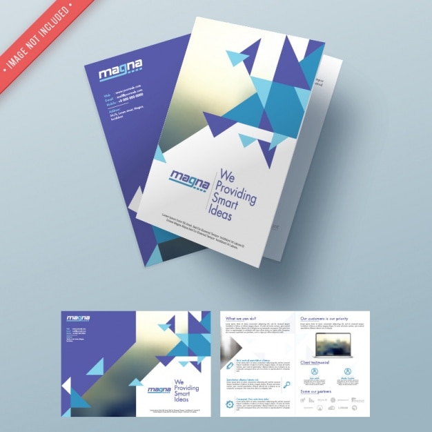 business flyer with geometric elements in blue tones