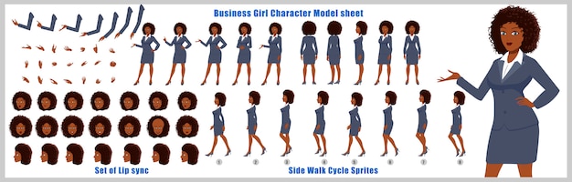 Business girl Character model sheet with walk cycle animations and lip syncing