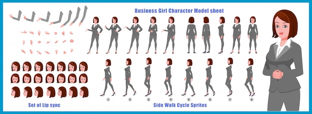 Business girl Character model sheet with walk cycle animations and lip syncing