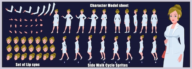 Vector business girl character model sheet with walk cycle animations and lip syncing