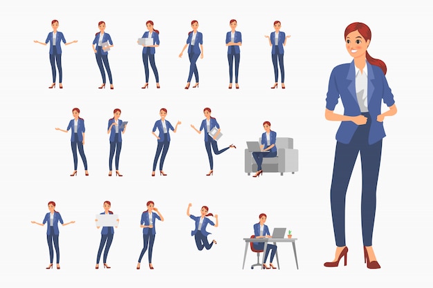 Business girls character design. action set character of business.