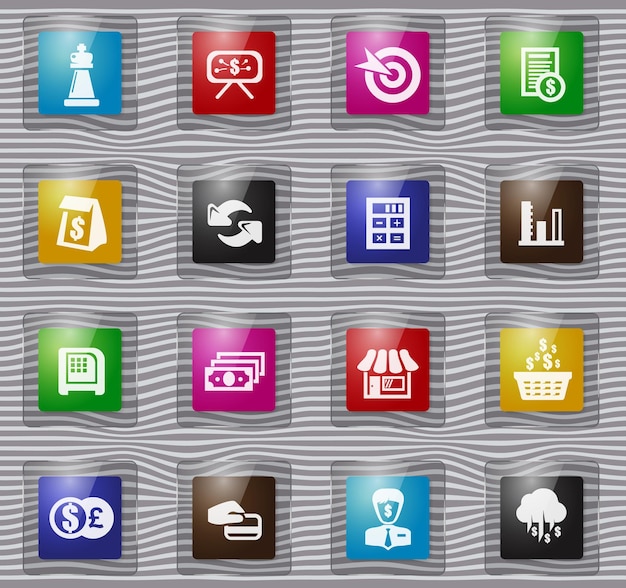 Business glass icons set