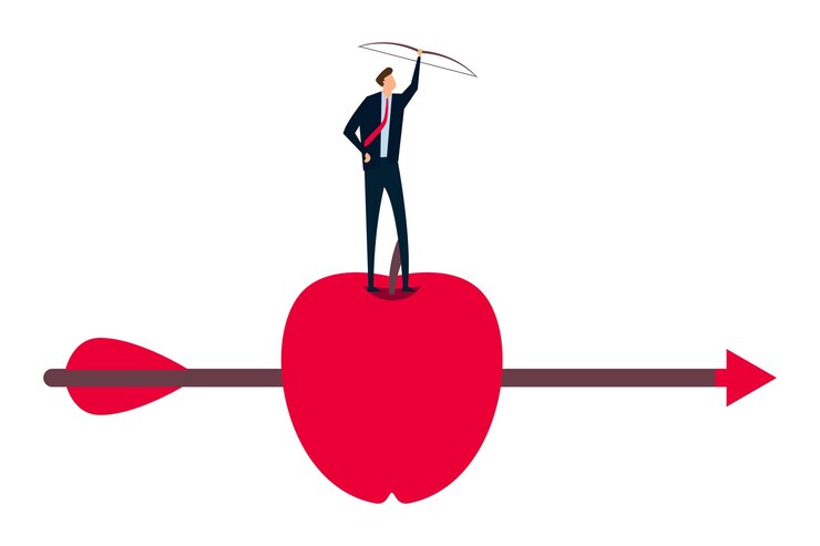 Vector business goal achievement confidence businessman with archer standing on apple hit by his accurate arrow