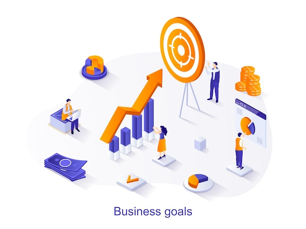 Business goals isometric web concept People work together on project aim at target increase